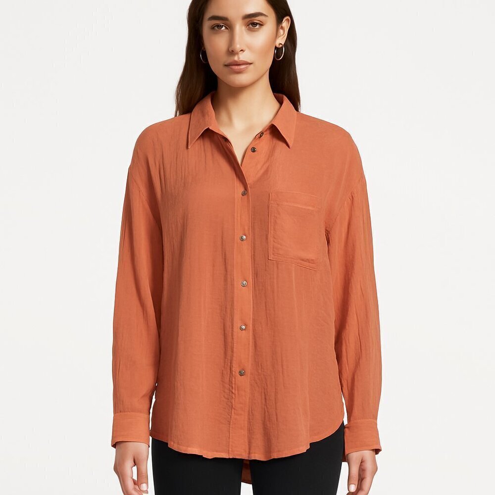 House of Harlow 1960 Crinkle Button Down Shirt Oversized Terracotta Blouse XS